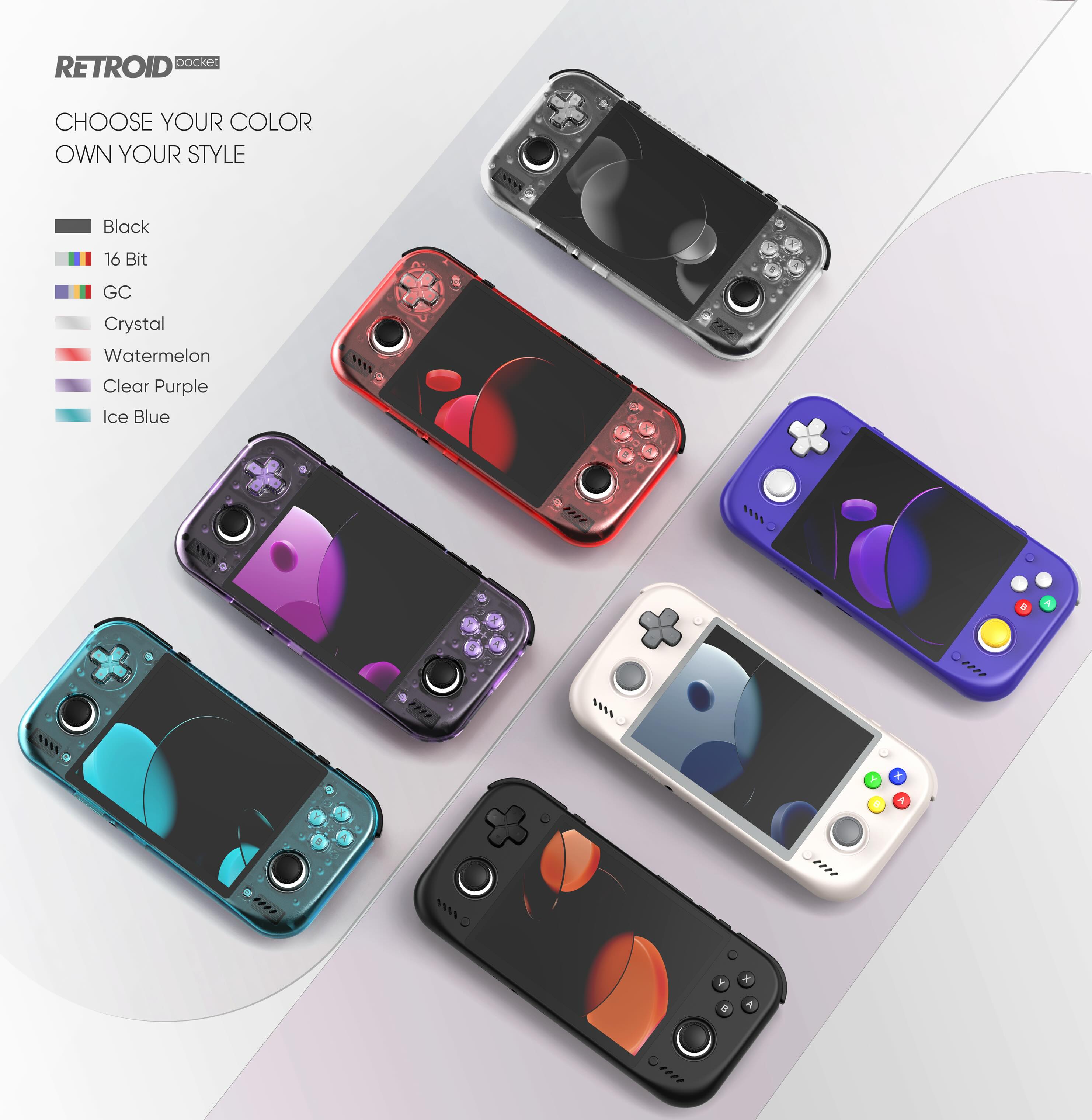Retroid Pocket Nova colorway lineup: Black, 16 Bit, GC, Crystal, Watermelon, Clear Purple, Ice Blue